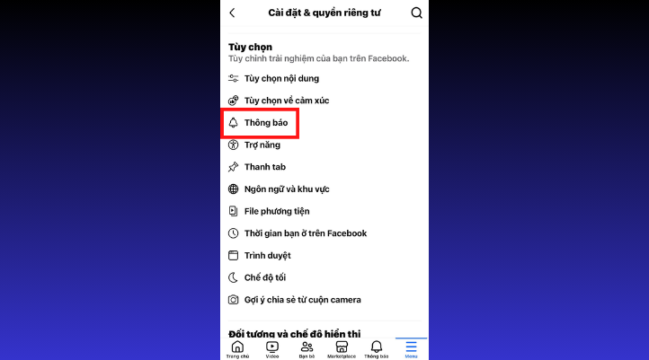 Tiếp tục chọn mục Thông báo trong menu thả ra