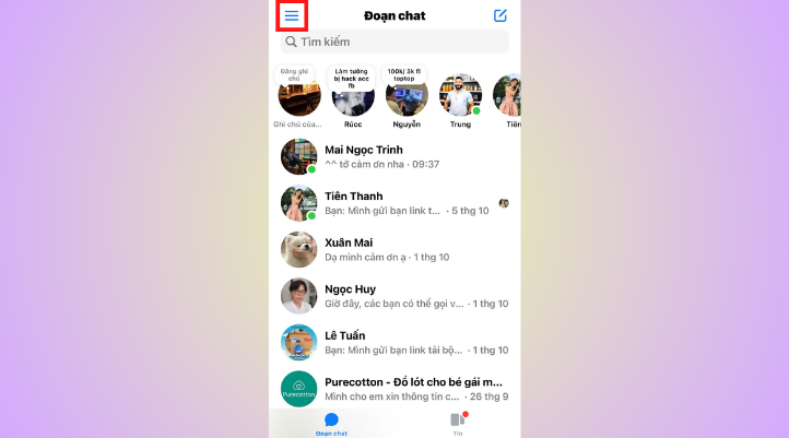 Để khóa Messenger tạm thời, bạn hãy nhấn vào biểu tượng 3 gạch ở góc trái màn hình