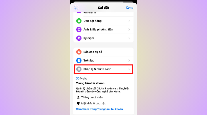 Tìm và chọn mục Pháp lý và chính sách