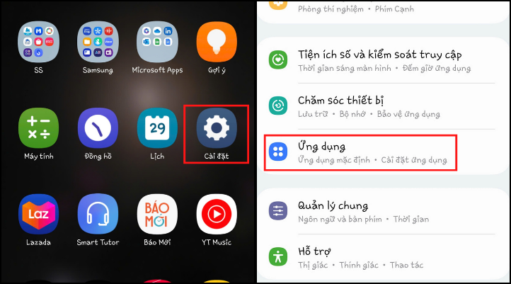 Vào Cài đặt và chọn Ứng dụng