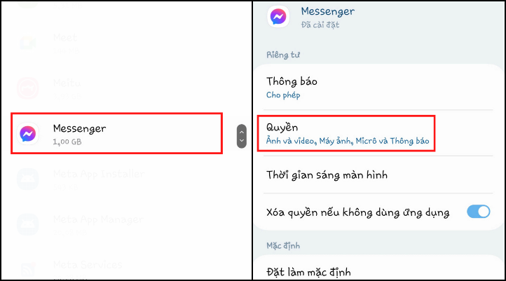 Chọn Messenger và mở quyền