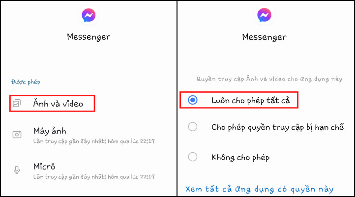 Cho phép Messenger truy cập vào ảnh