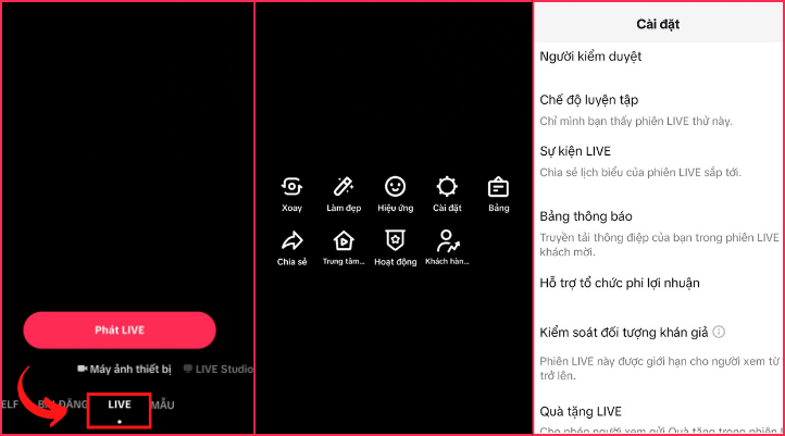 Chọn mục Live để mở giao diện livestream. Có thể tùy chỉnh các cài đặt theo ý muốn