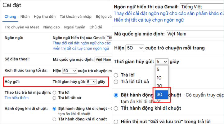 Chỉnh sửa thời gian hoãn thư tại mục Hủy gửi, chọn 30 giây