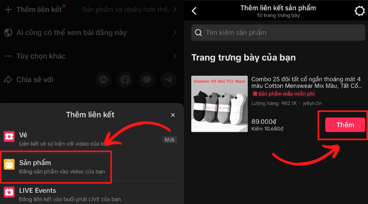 Nhấn vào Sản phẩm và thêm sản phẩm cần gắn link