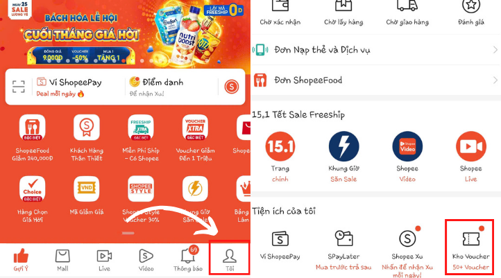 Truy cập vào ứng dụng Shopee, vào mục Tôi và chọn Kho Voucher