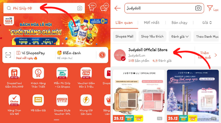 Truy cập vào ứng dụng Shopee và tìm kiếm tên shop