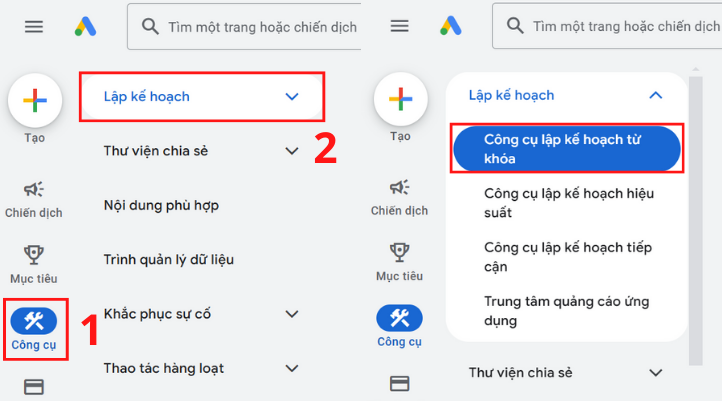 Chọn Công cụ lập kế hoạch từ khóa