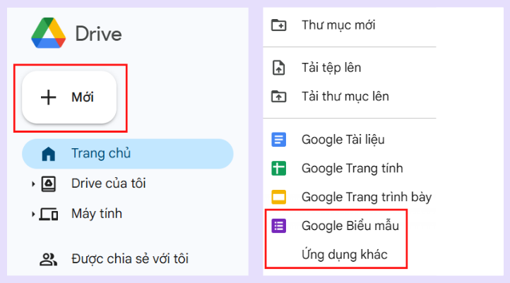 Nhấn vào nút Mới và chọn Google Forms