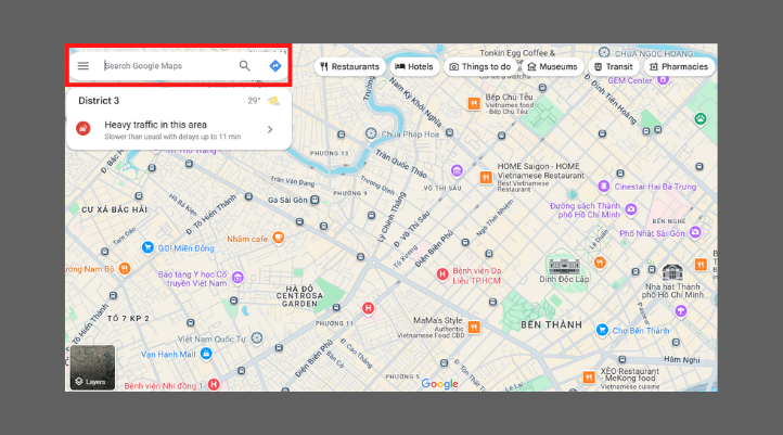 Muốn đo khoảng cách trên Google Map, đầu tiên bạn cần nhập địa chỉ bắt đầu vào thanh tìm kiếm ở góc trái