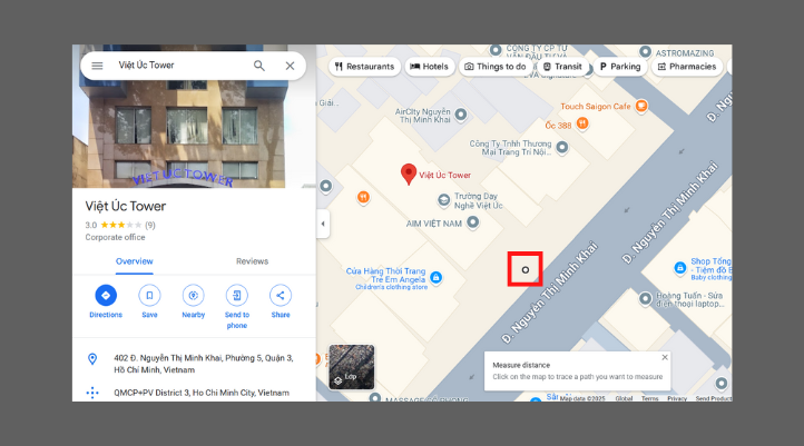 Khi có dấu đen nhảy ra như màn hình là bạn đã thành công bật đo khoảng cách trên Google Map