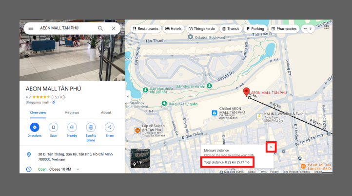 Xem kết quả đo khoảng cách ở ô vuông hiển thị dưới địa điểm hoặc bấm dấu X để tắt tính năng này