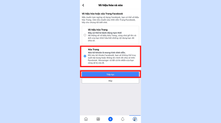 Cuối cùng, bạn ấn chọn Xóa trang và nhấn nút Tiếp tục màu anh là hoàn thành cách xóa page Facebook​ trên điện thoại