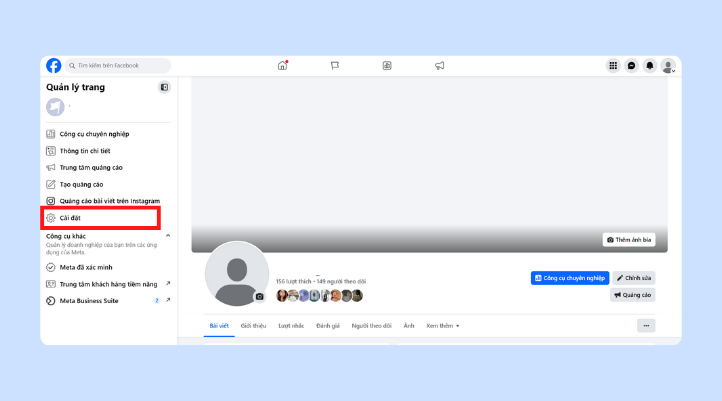 Bạn vào trình duyệt page trên máy tính và chọn mục Cài đặt ở thanh menu bên trái để bắt đầu cách xóa page Facebook​