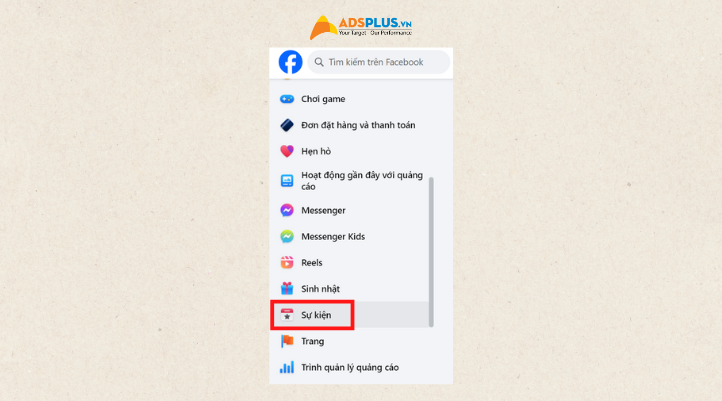 Đăng nhập vào Facebook và chọn mục sự kiện