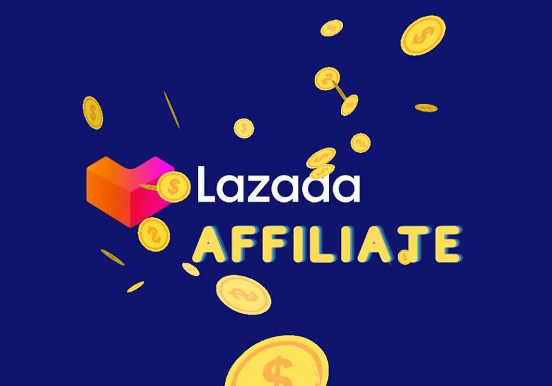 Minh họa Affiliate Lazada với logo Lazada và đồng xu vàng bay xung quanh – thể hiện cơ hội kiếm tiền online dễ dàng qua tiếp thị liên kết cho người mới bắt đầu.