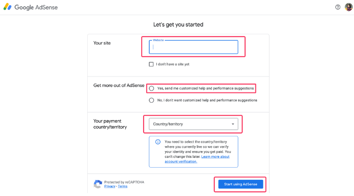 Giao diện đăng ký tài khoản AdSense của Google