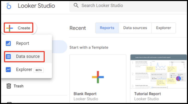 Bước 2 để sử dụng Google Data Studio là chọn nút Create rồi đến Data Source để kết nối nguồn dữ liệu