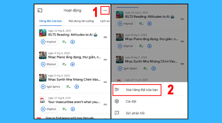 Thao tác chọn, xóa toàn bộ podcast khỏi hàng đợi 