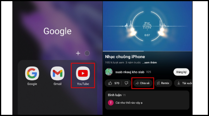 Bước 1: Sao chép liên kết video YouTube chứa đoạn nhạc muốn làm nhạc chuông
