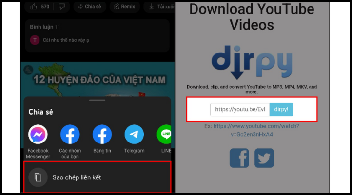 Bước 2: Dán link YouTube vào Dirpy để chuyển video thành file âm thanh