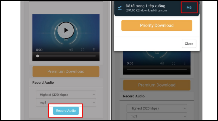 Bước 3: Nhấn Record Audio để tải file nhạc .mp3 từ YouTube về điện thoại
