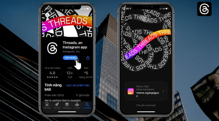 Bước 1: Mở CH PLay hoặc App Store, gõ “Threads”, chọn “Đăng nhập bằng Instagram” hoặc “Chuyển tài khoản”