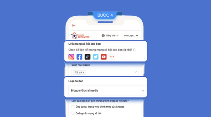 Điền thông tin các nền tảng Social Media của bạn để hoàn tất đăng ký tiếp thị liên kết Shopee