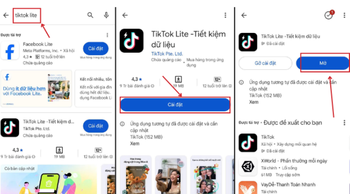 4 bước tải bản Lite: Bạn tìm từ khoá "Tiktok Lite" trên CH Play và nhấn "Cài đặt" để tải về. Sau đó nhấn Mở để trải nghiệm.