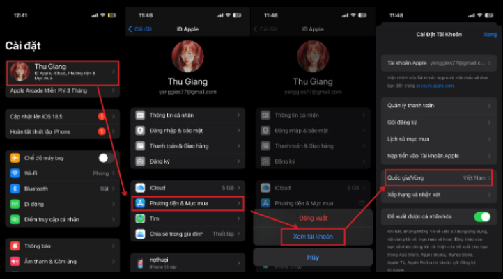 Bước 1 và 2 trong quy trình tải Tiktok Lite trên iOS: Mở ứng dụng Cài đặt, nhấn ID Apple, chọn "Phương tiện & Mục mua" rồi nhấn "Xem tài khoản". Sau đó, chọn mục "Quốc gia/Vùng"