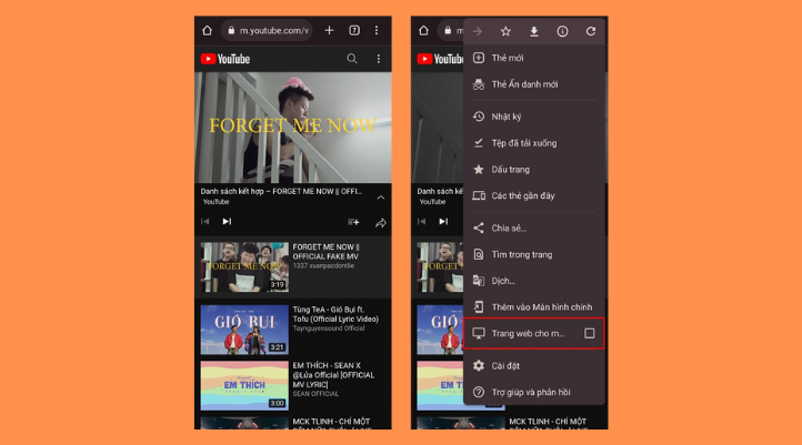 Nhấn nút Hiển thị giao diện website để nghe Youtube Music