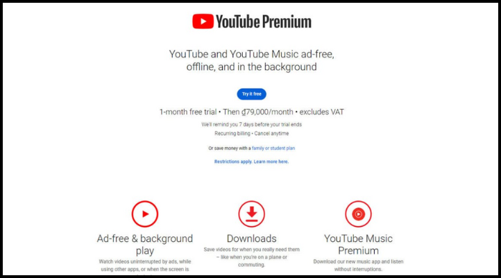 Giao diện lựa chọn gói dịch vụ Premium với các tùy chọn Cá nhân, Sinh viên và Gia đình hoặc dùng thử miễn phí