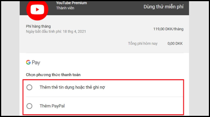 Màn hình nhập thông tin thanh toán khi đăng ký Premium, với các tùy chọn như thẻ tín dụng hoặc thẻ ghi nợ.
