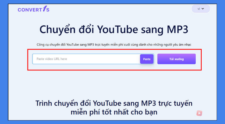 Cách chuyển file youtube thành mp3 - Trang web Convert1s với ô dán liên kết video YouTube và nút Tải xuống để nhận diện và tải video.
