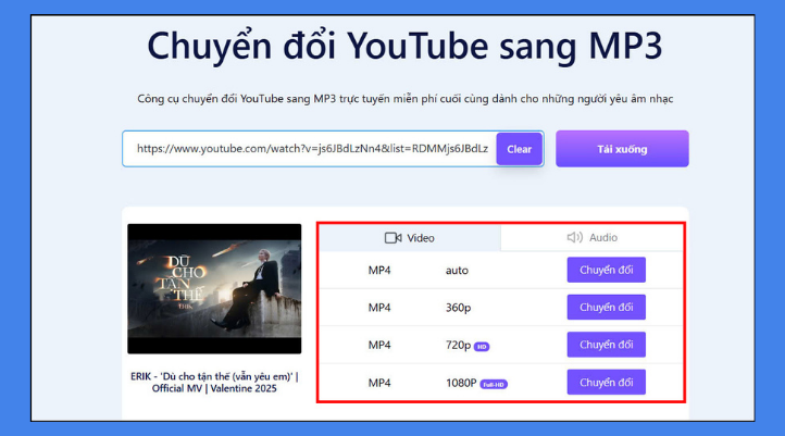 Giao diện chuyển file youtube thành mp3 hiển thị danh sách định dạng và chất lượng âm thanh, tùy chọn MP3 với các mức 128kbps, 192kbps, 320kbps và nhấn nút Chuyển đổi để xử lý video.