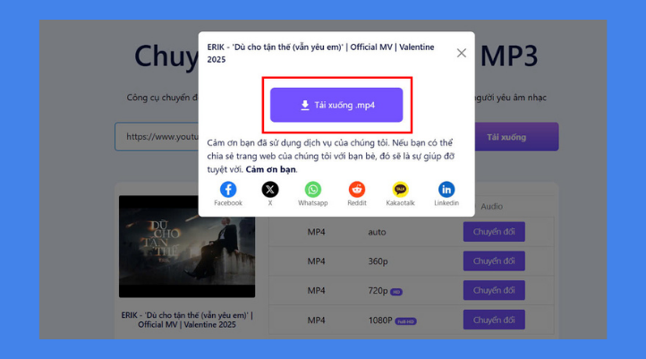 Màn hình Convert1s hiển thị nút Tải xuống sau khi chuyển đổi video sang MP3 hoàn tất
