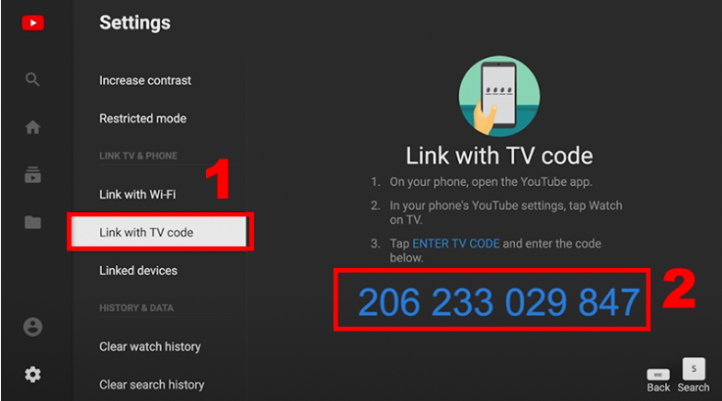 Màn hình TV hiển thị mã số liên kết trong phần Liên kết bằng mã TV