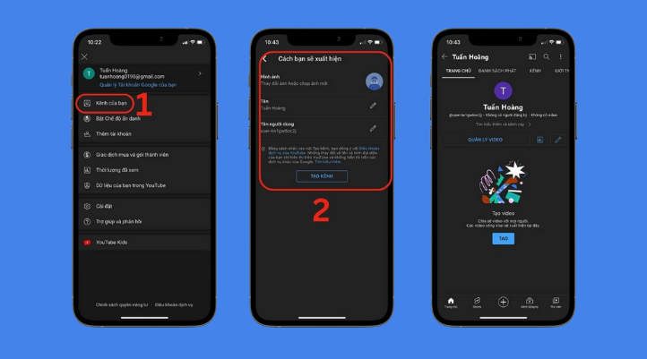 Màn hình YouTube hiển thị menu người dùng với mục Kênh của bạn, nhập tên kênh, tên người dùng, ảnh đại diện và bấm nút Tạo kênh để hoàn tất