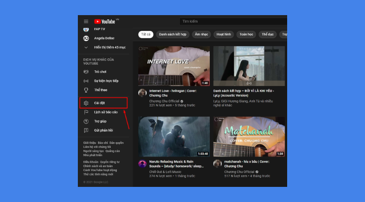 Cách tạo kênh YouTube kiếm tiền - Menu người dùng YouTube hiển thị sau khi nhấn ảnh đại diện, với tùy chọn Cài đặt để mở giao diện quản lý kênh