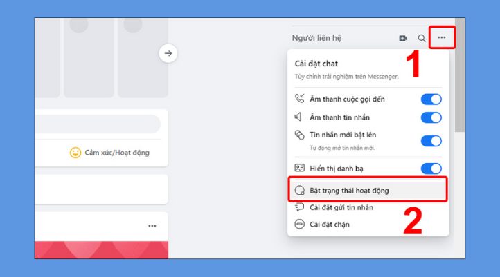 Nhấn lại biểu tượng 3 dấu chấm trong mục Người liên hệ và chọn "Bật trạng thái hoạt động"