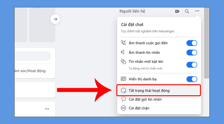 Trong mục Người liên hệ, bạn nhấn vào biểu tượng 3 dấu chấm, bạn chọn "Tắt trạng thái hoạt động"..