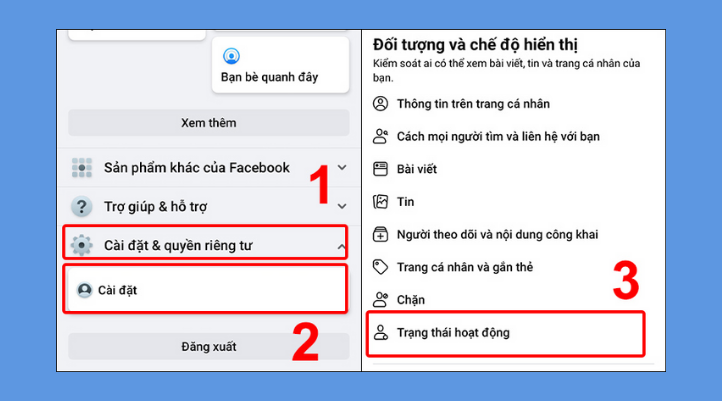 Nhấn Cài đặt & Quyền riêng tư, sau đó chọn Cài đặt. Bạn cuộn xuống phần Quyền riêng tư và nhấn Trạng thái hoạt động. 