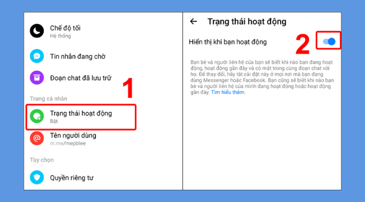 Trong menu cài đặt Messenger, nhấn vào Trạng thái hoạt động, bạn sẽ thấy công tắc bật/tắt online Facebook