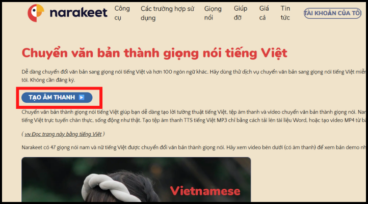 Hình minh họa người dùng nhấn vào nút 'Tạo âm thanh' trên giao diện công cụ chuyển văn bản thành giọng nói.
