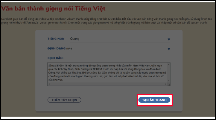 Hình minh họa người dùng nhập nội dung văn bản vào ô soạn thảo và chọn giọng đọc tiếng Việt phù hợp.