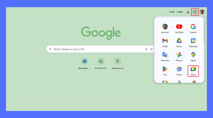 Người dùng nhấp vào biểu tượng Ứng dụng Google ở góc trên bên phải và chọn Meet để mở Google Meet.