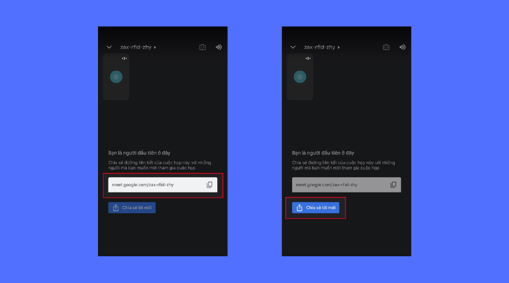 Màn hình Google Meet trên điện thoại với tùy chọn sao chép link hoặc chọn ‘Chia sẻ lời mời’ để mời người tham gia.