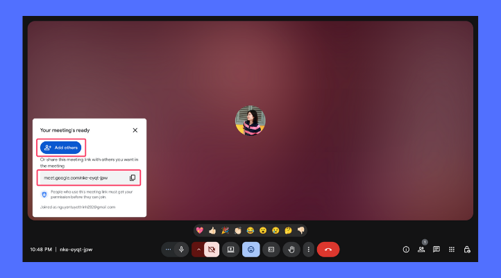 2 Tùy chọn mời người tham gia: sao chép link tạo Google Meet, mã phòng họp hoặc nhấn ‘Thêm người khác’, nhập email và gửi lời mời.