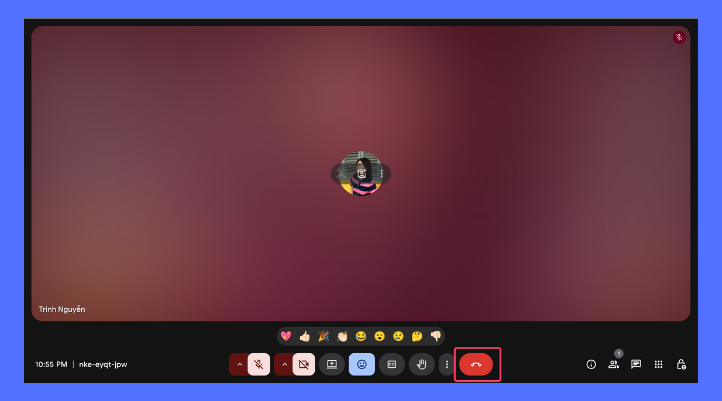 Biểu tượng điện thoại màu đỏ trong Google Meet để rời hoặc kết thúc cuộc họp.