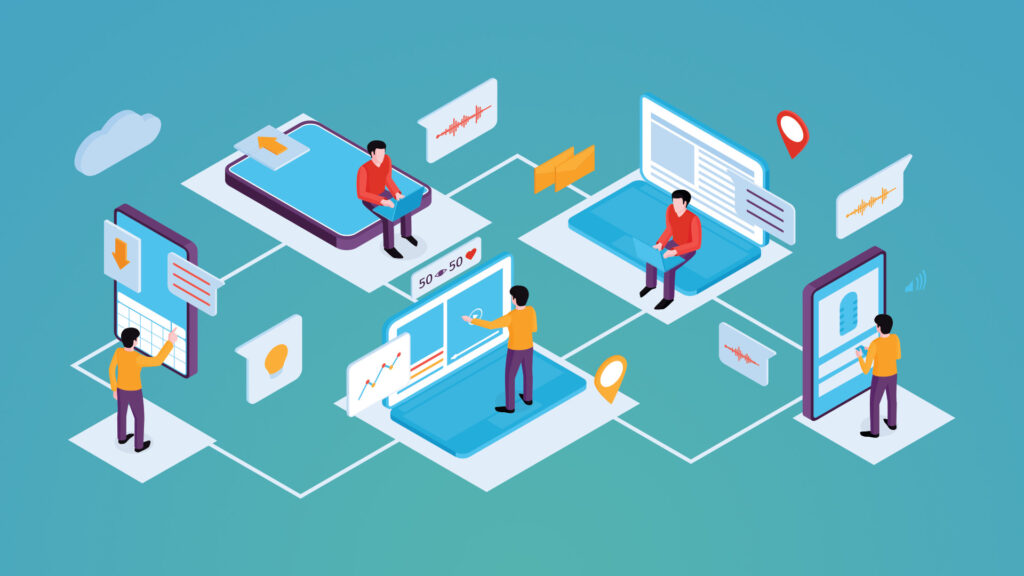 Minh họa các công cụ marketing số như phần mềm, ứng dụng và nền tảng hỗ trợ doanh nghiệp triển khai chiến dịch, cá nhân hóa nội dung và đo lường hiệu quả.